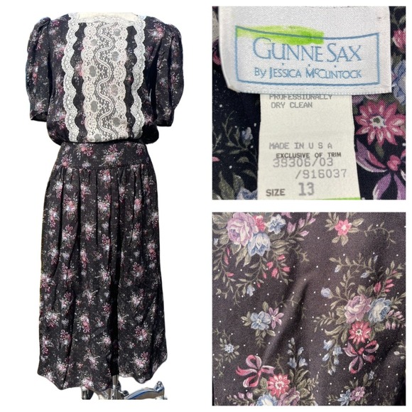 Gunne Sax Dresses & Skirts - Vintage GUNNE SAX (13) Dress Black Floral Puff Sleeve Cottage Lace Trad Whimsi